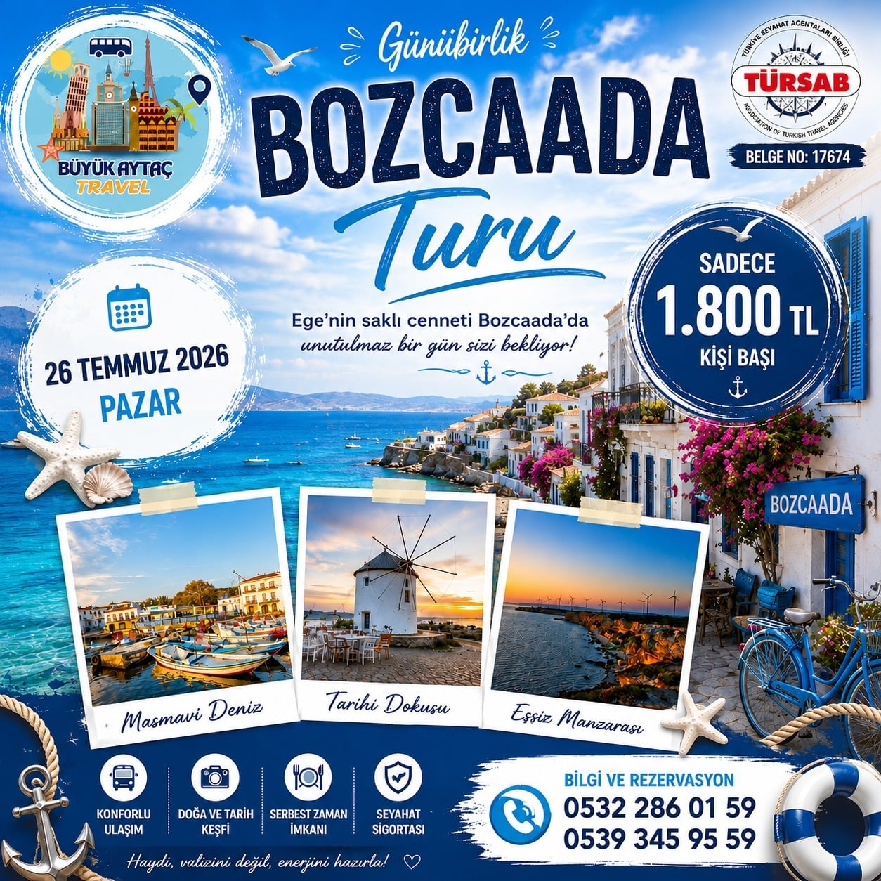 Bozcaada Turu - 26 Temmuz 2026 - Bozcaada, Geyikli, Bozcaada Kalesi, Ayazma Plajı, Akvaryum Koyu, Rüzgar Gülleri - 1 Gün (Günübirlik) - Büyük Aytaç Travel Turu